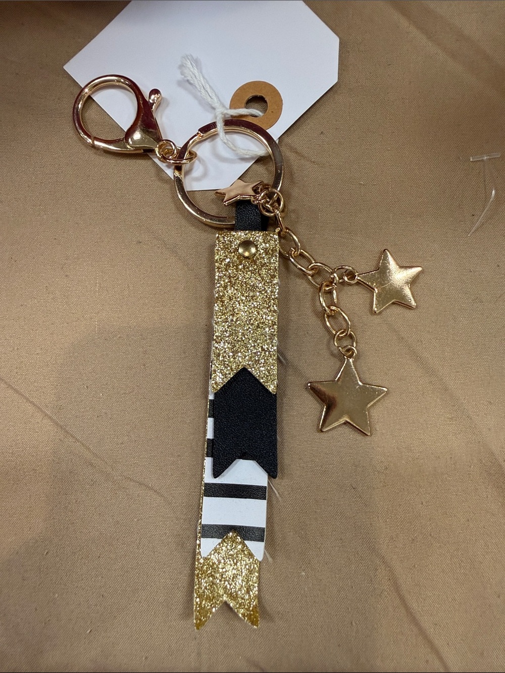 Gold Glitter Star Charm Keychain with Black & White Accent